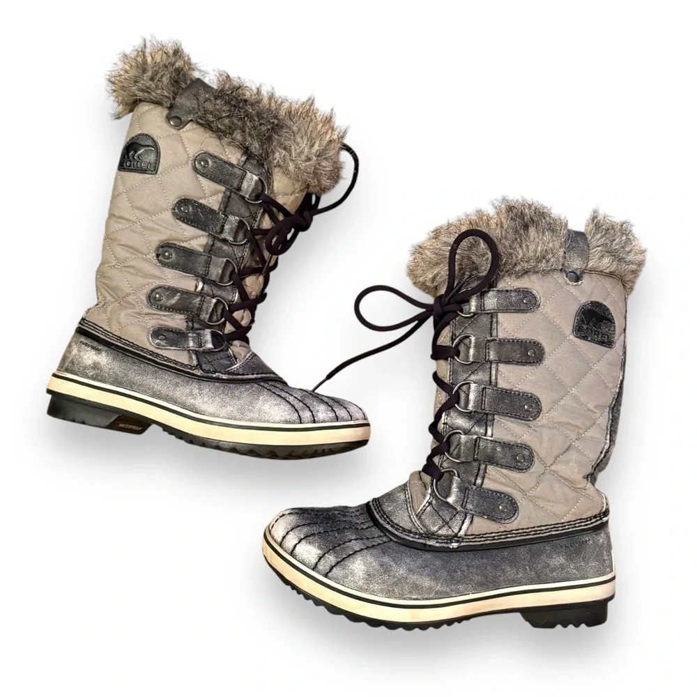 Sorel Tofino Tall Gray Waterproof Lace Up Distressed Faux‎ Fur Snow Boots Sz 7.5